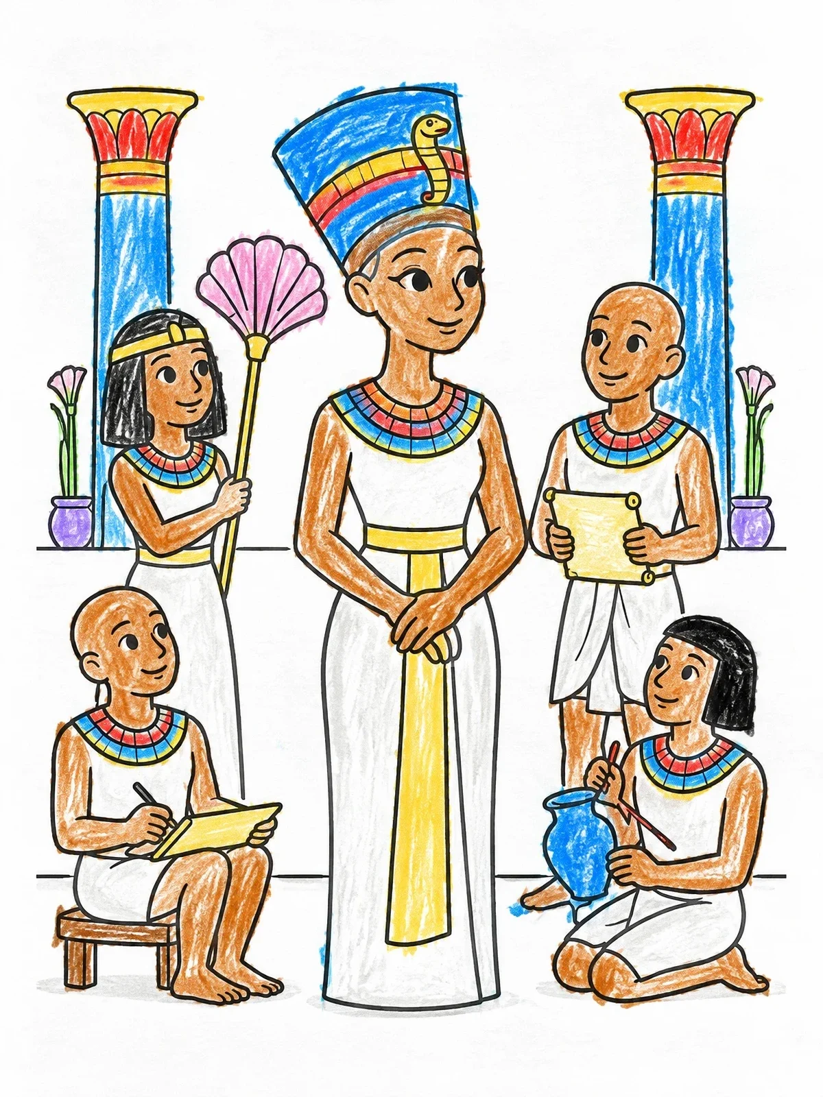 Colored example of the Queen Nefertiti And Royal Attendants coloring page