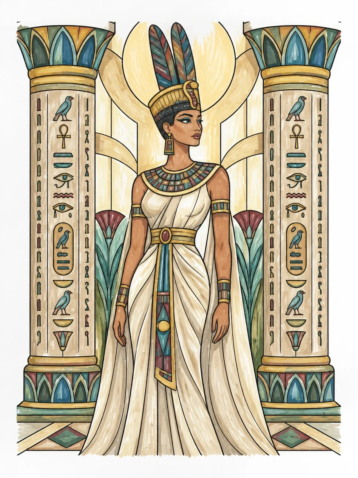 Colored example of the Regal Egyptian Queen Between Columns coloring page