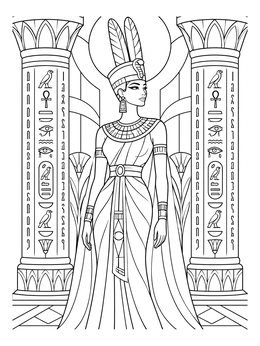 An elegant Egyptian queen stands between hieroglyphic columns in this detailed pharoah coloring page.