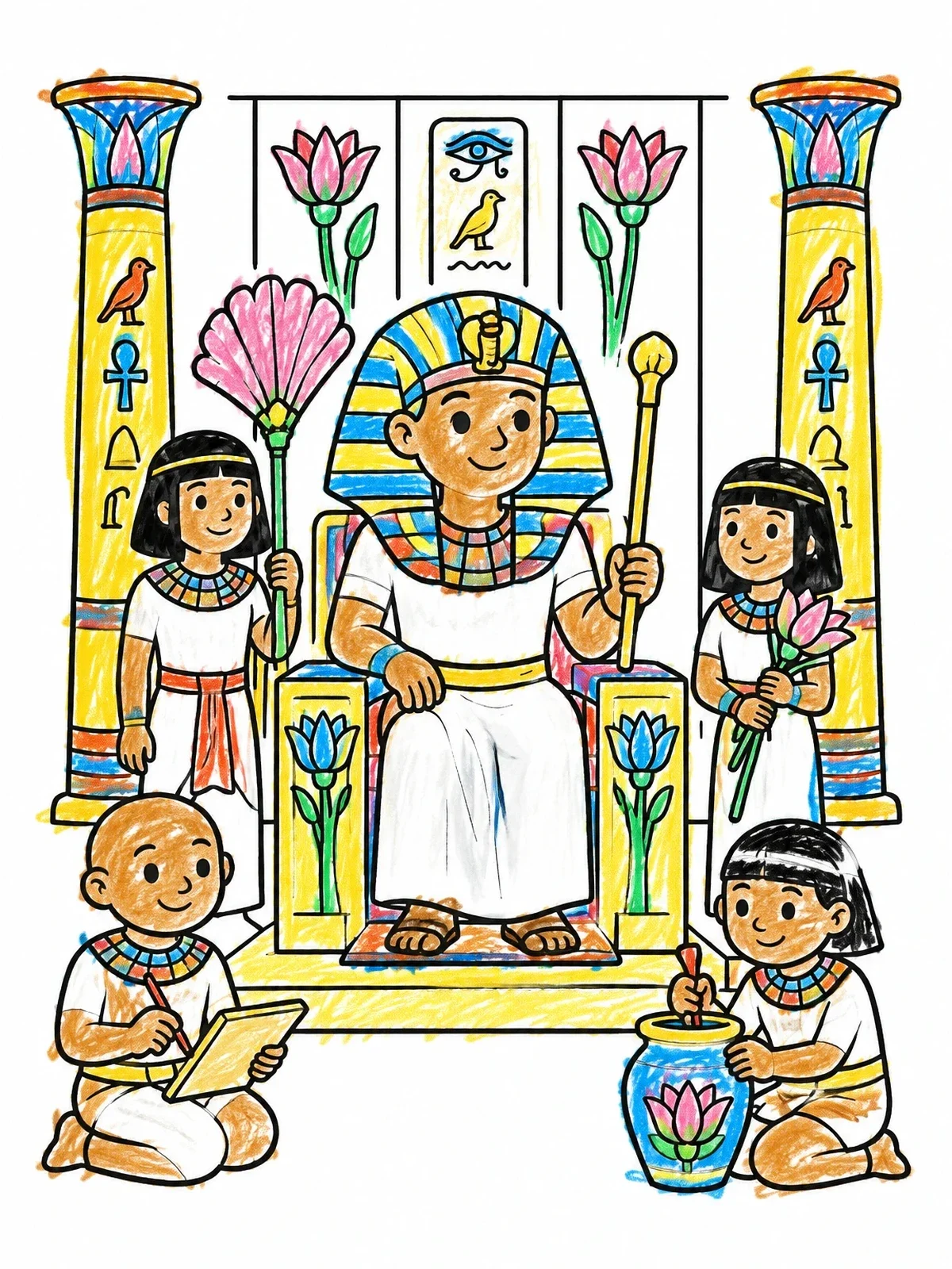 Colored example of the Young Pharaoh On Royal Palace Throne coloring page