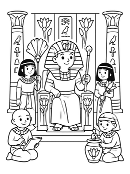 Free printable Young Pharaoh On Royal Palace Throne coloring page