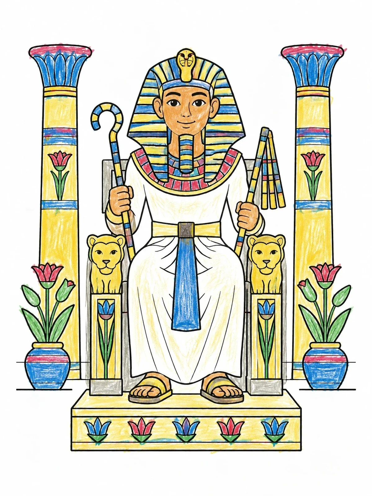 Colored example of the Young Pharaoh On Throne coloring page