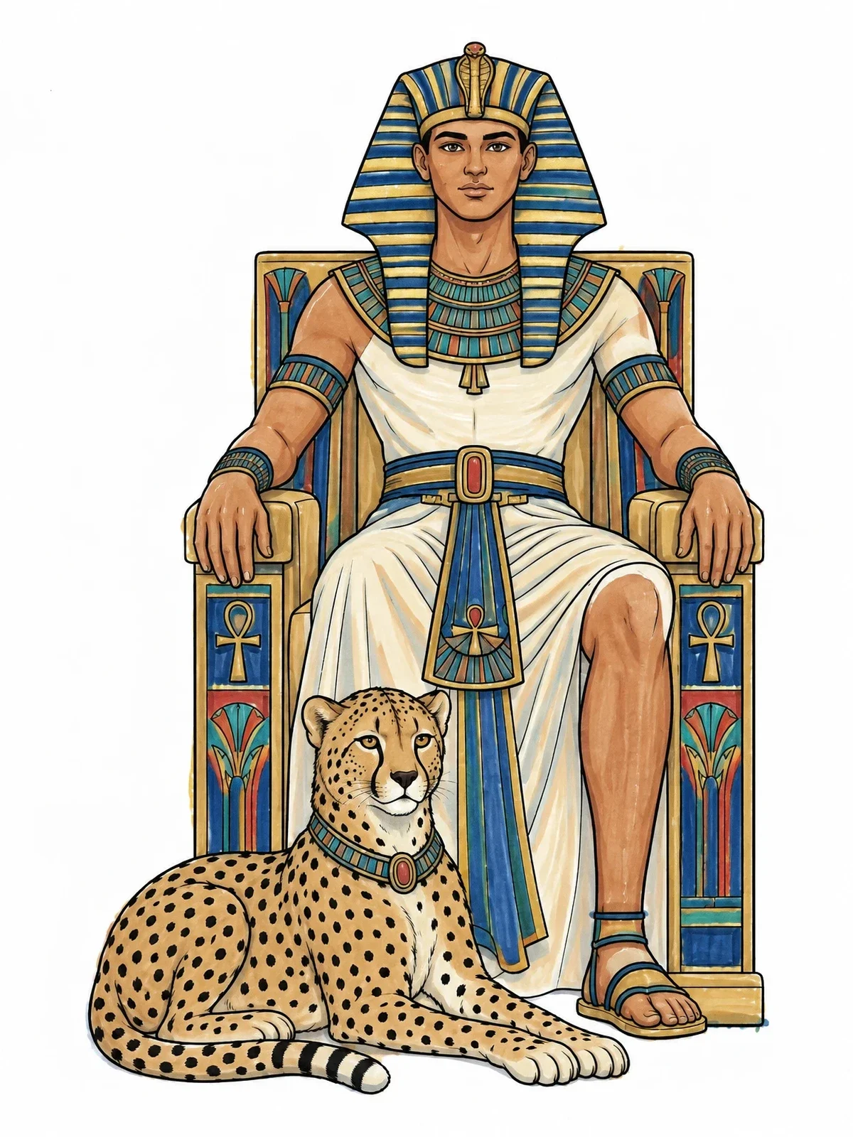 Colored example of the Young Pharaoh On Throne With Cheetah coloring page