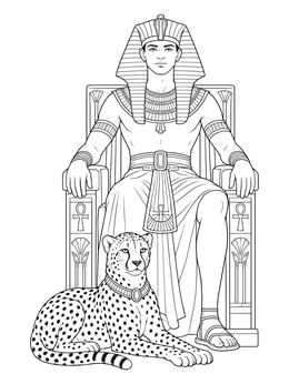 Detailed pharoah coloring page showing a young ruler seated on an ornate throne beside a resting cheetah.