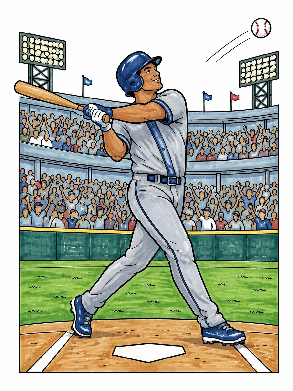 Colored example of the Baseball Player Home Run Swing coloring page