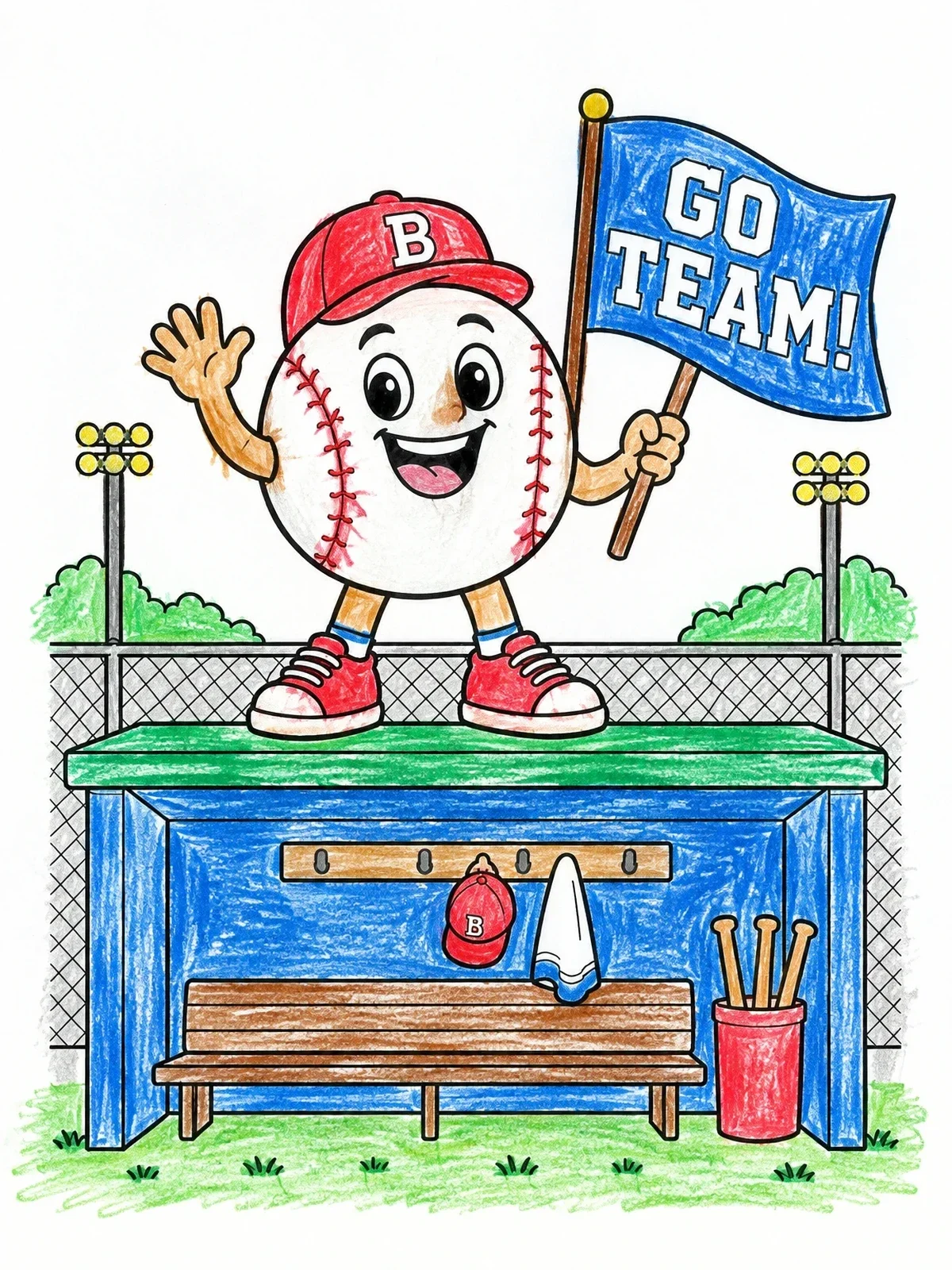 Colored example of the Baseball Mascot On The Dugout coloring page