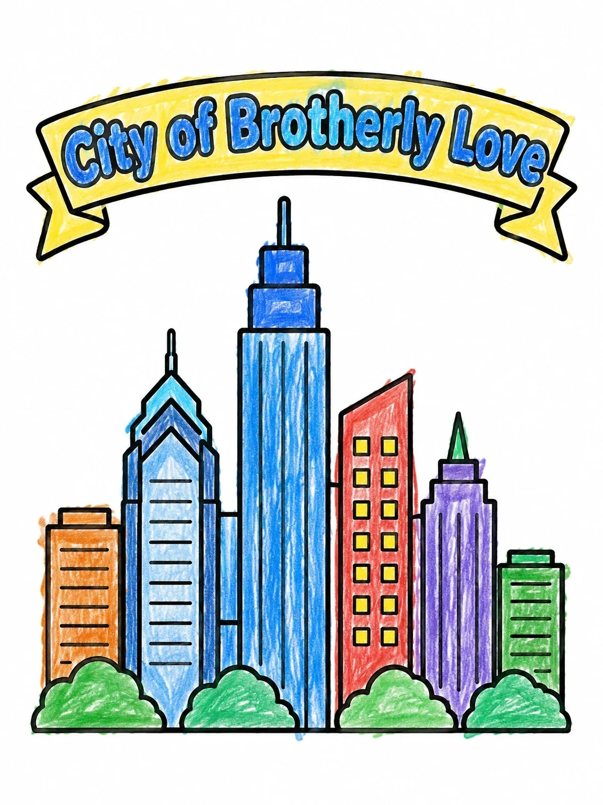 Colored example of the Philadelphia City Skyline Banner coloring page