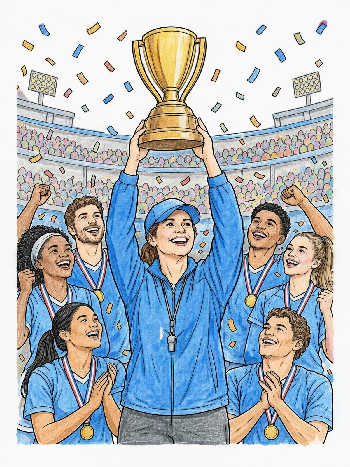 Colored example of the Coach Holding Championship Trophy coloring page