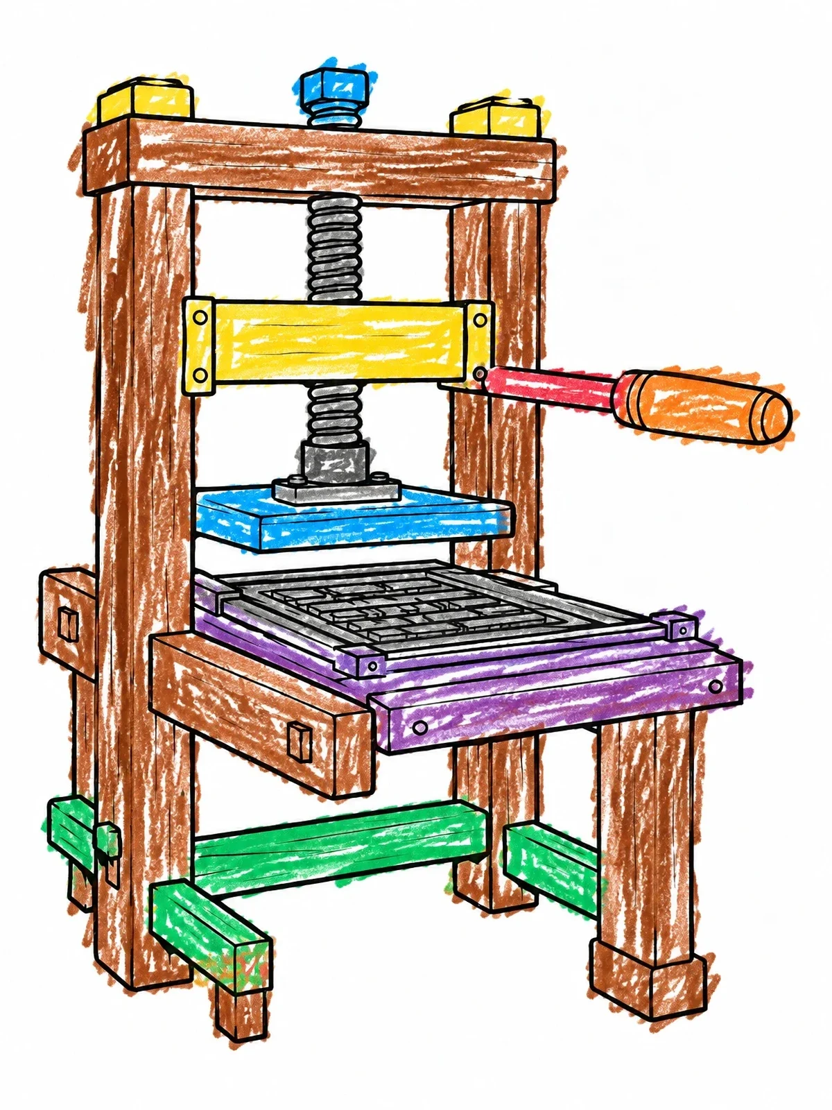 Colored example of the Colonial Wooden Printing Press coloring page