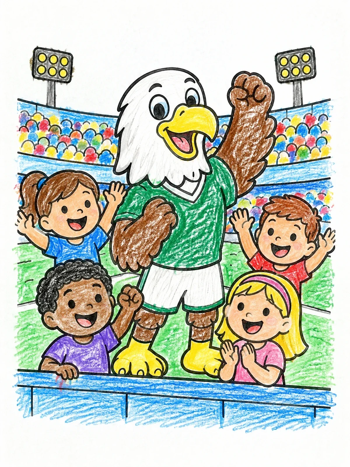 Colored example of the Eagle Mascot Cheering With Kids coloring page