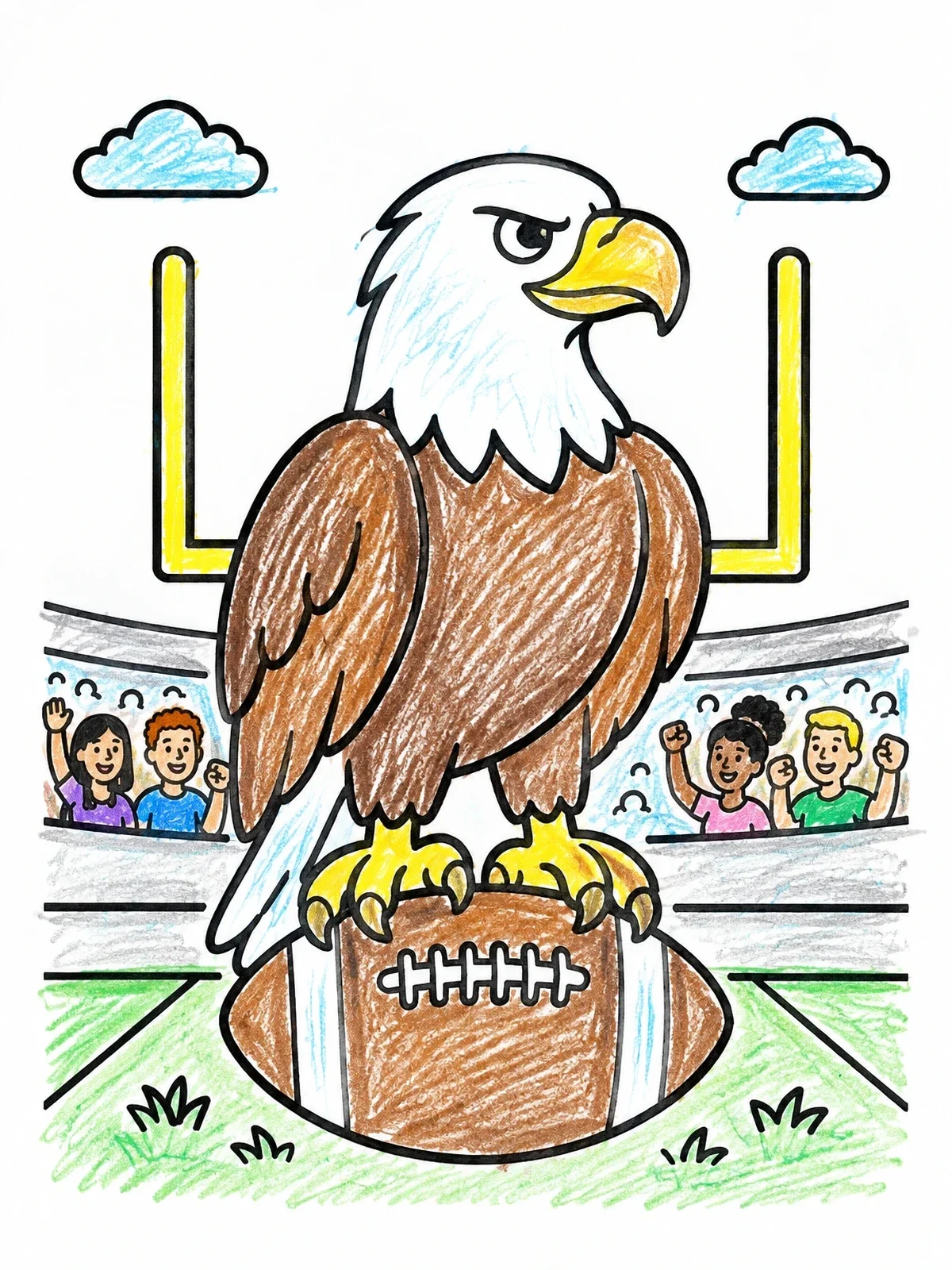 Colored example of the Eagle Mascot On Football In Stadium coloring page