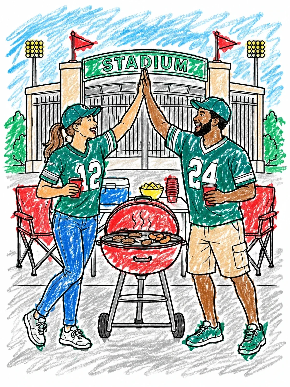 Colored example of the Tailgating Football Fans Outside Stadium coloring page