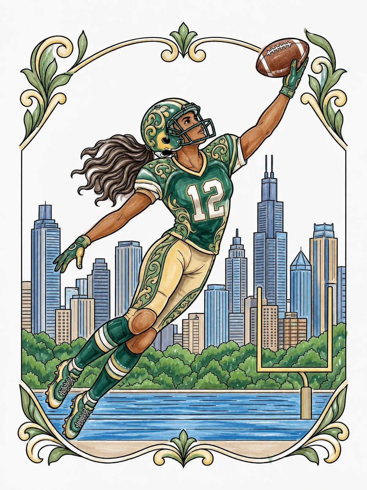 Colored example of the Football Player Leaping Over Skyline coloring page