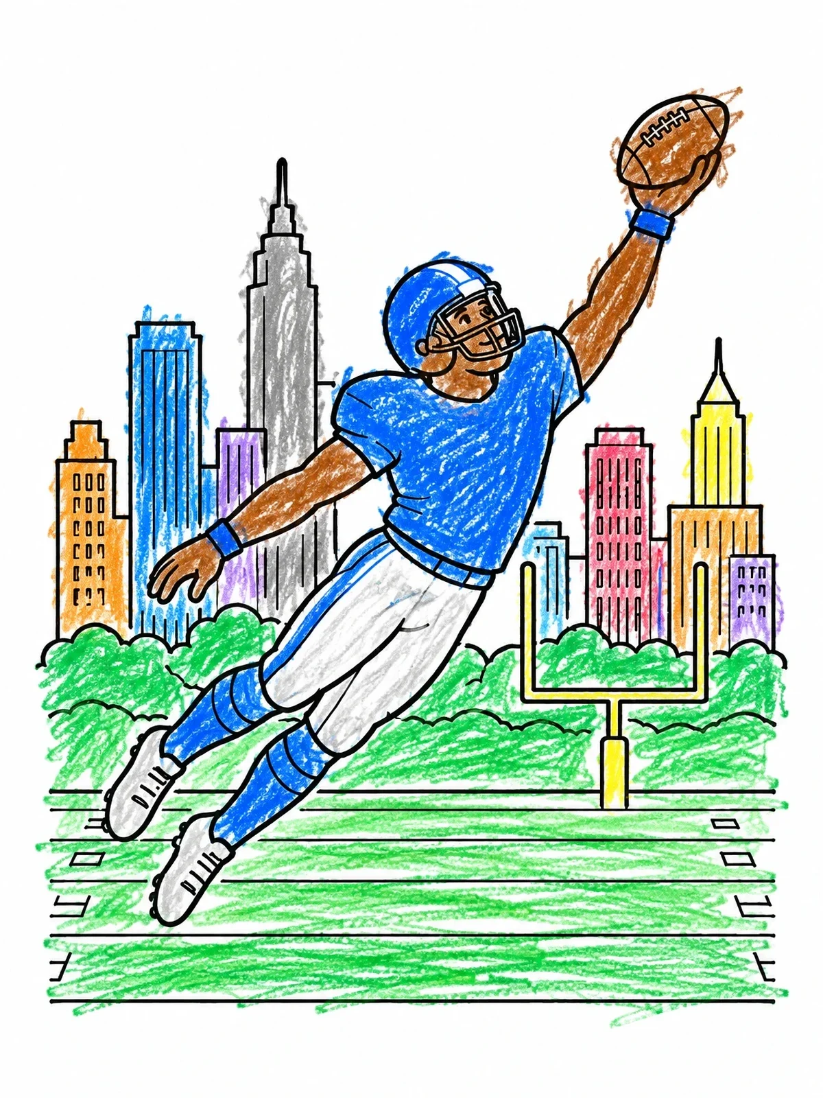 Colored example of the Football Player Leaping For Touchdown Catch coloring page