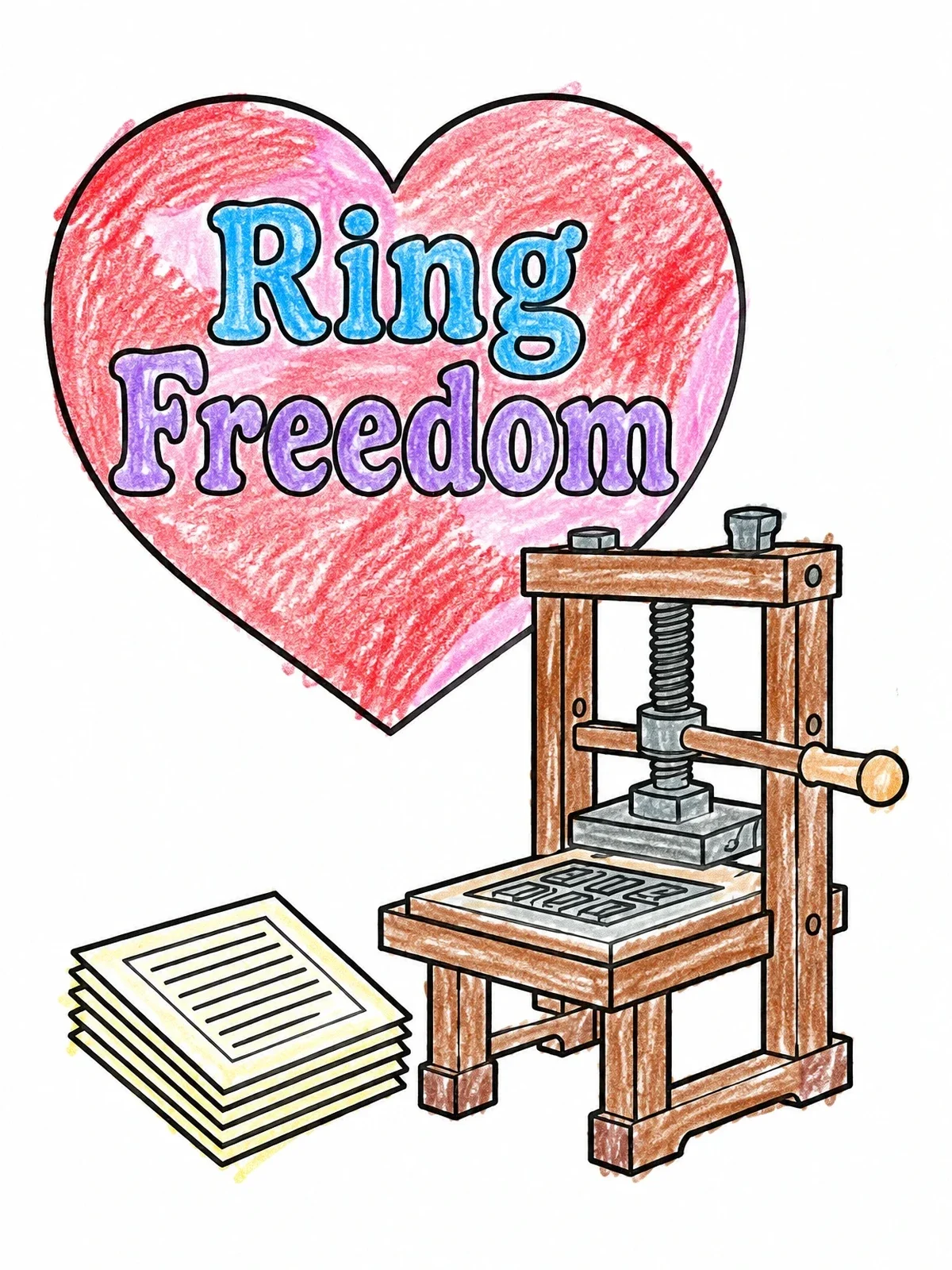 Colored example of the Historic Printing Press With Heart coloring page
