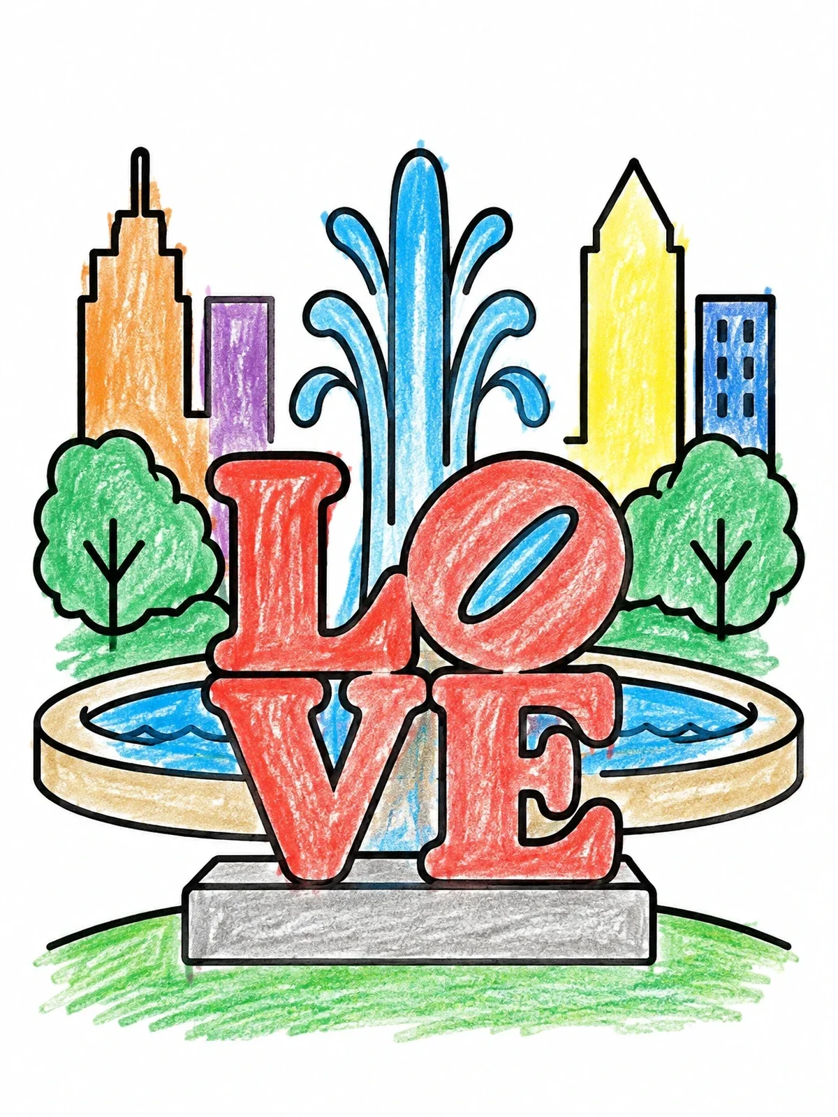 Colored example of the Philadelphia Love Park Fountain coloring page