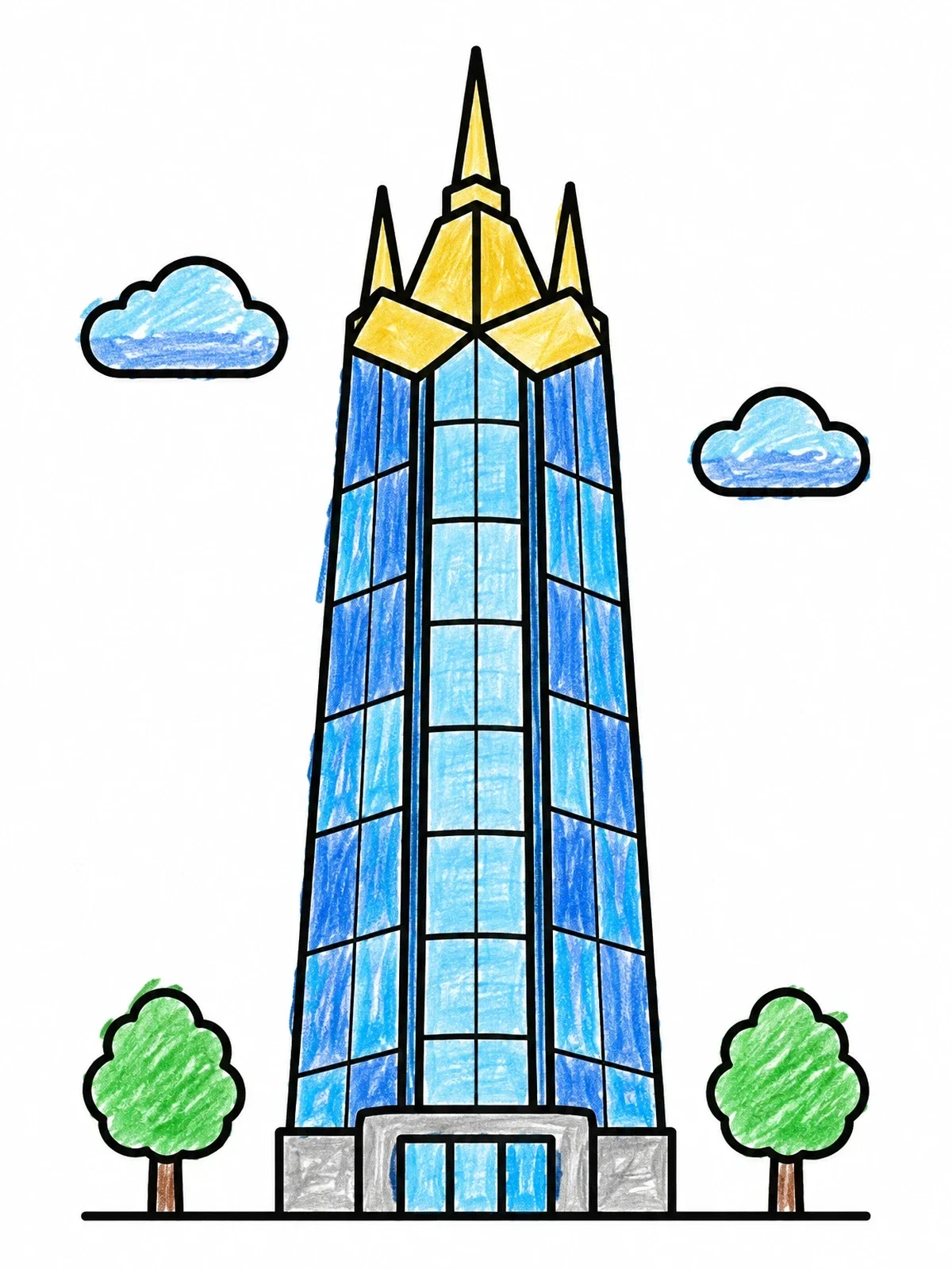 Colored example of the Tall Modern City Skyscraper coloring page