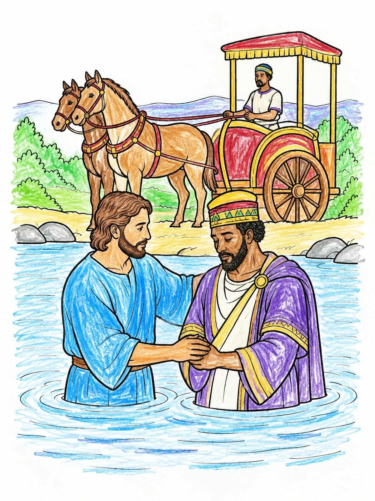 Colored example of the Philip Baptizing The Ethiopian Official coloring page
