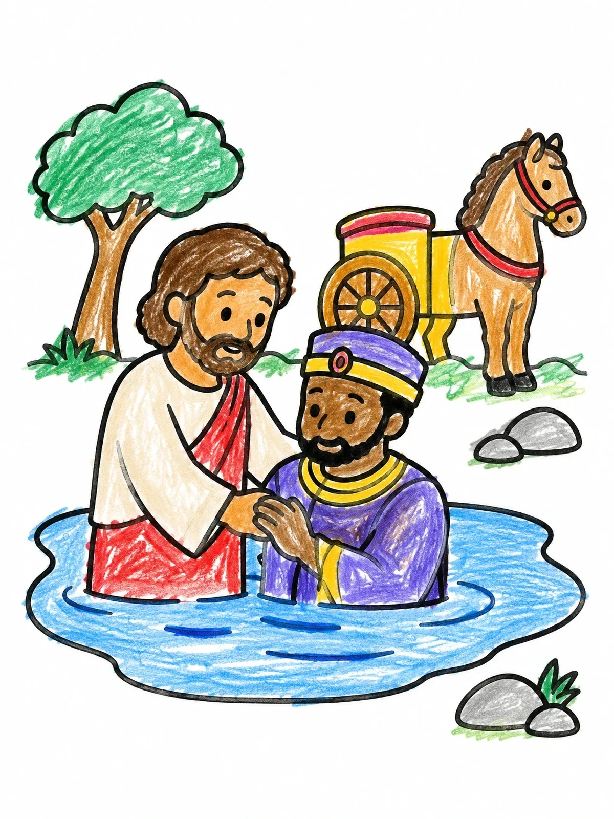 Colored example of the Baptism Of The Ethiopian Official coloring page