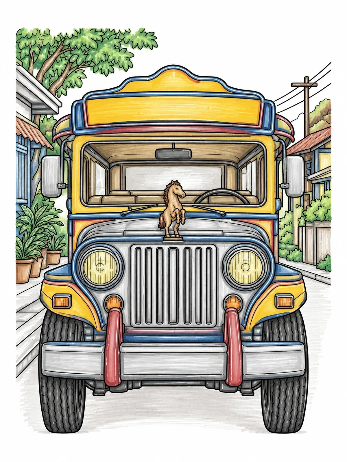 Colored example of the Classic Philippine Jeepney Front View coloring page