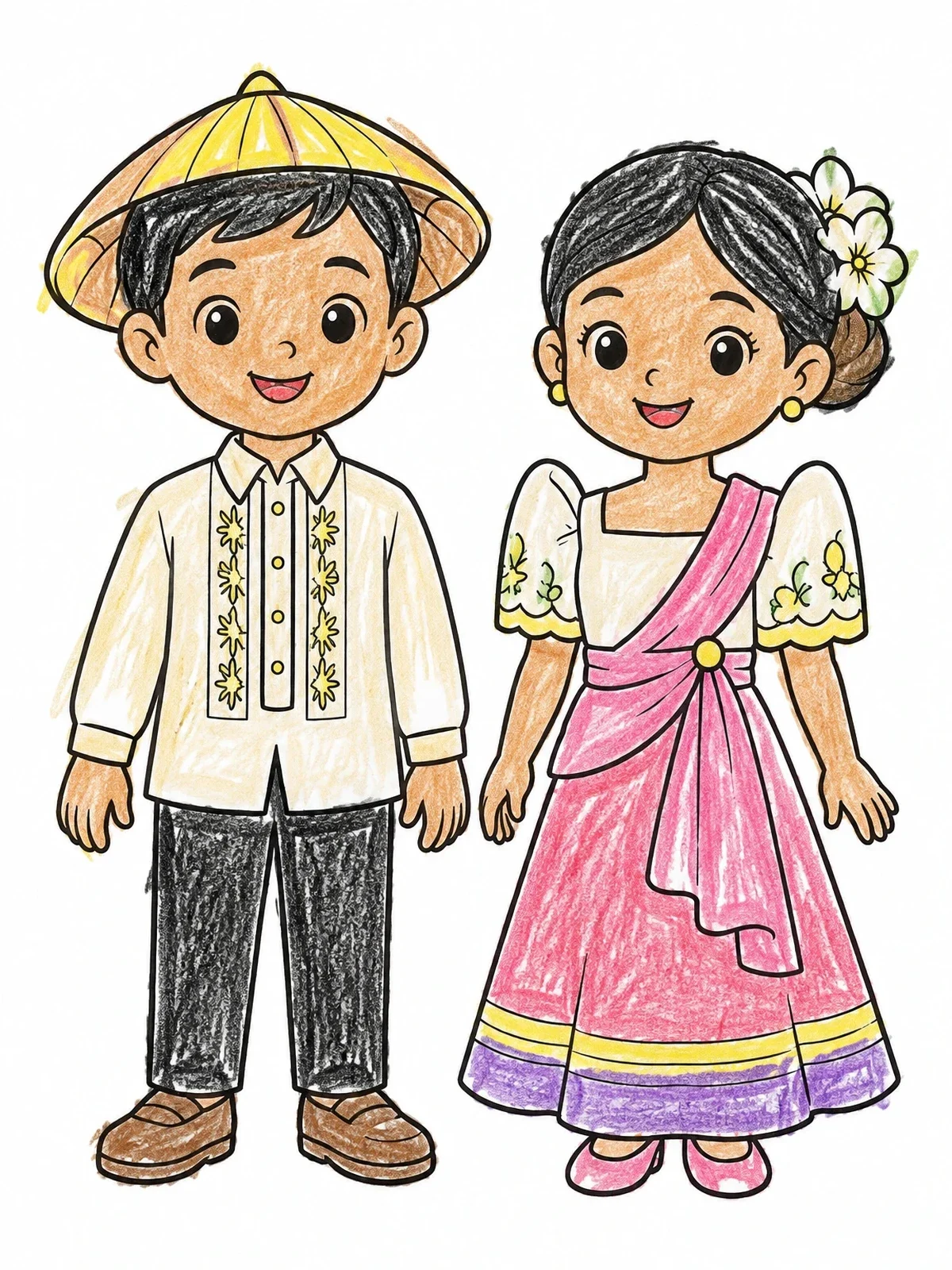 Colored example of the Filipino Children In Traditional Clothing coloring page