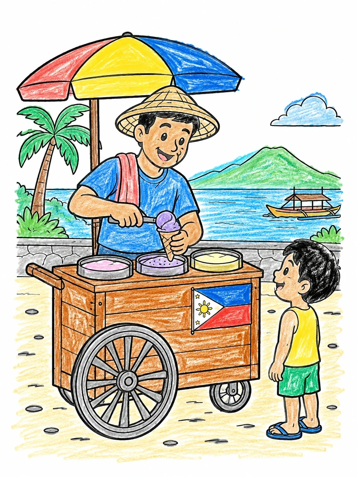 Colored example of the Filipino Sorbetes Ice Cream Vendor coloring page