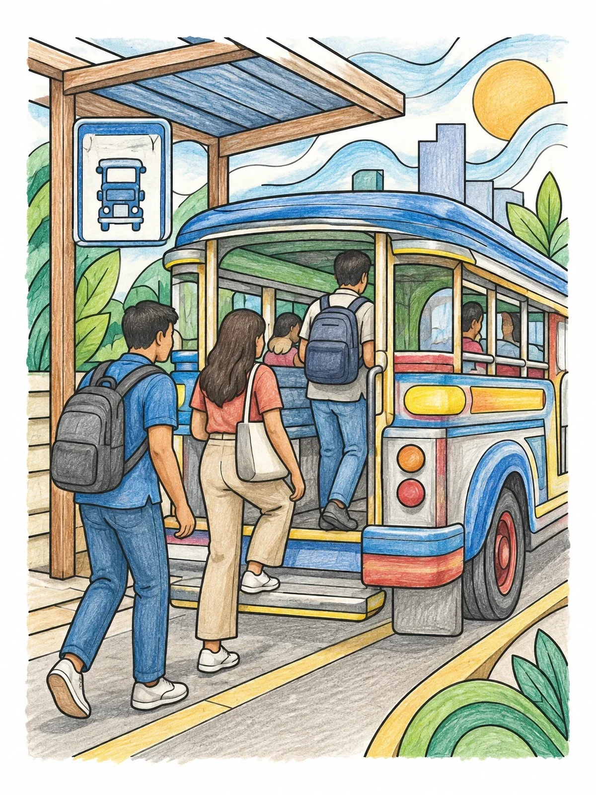 Colored example of the Passengers Boarding A Jeepney coloring page