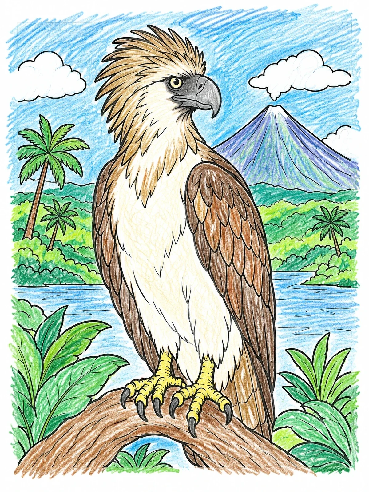 Colored example of the Philippine Eagle By Mayon Volcano coloring page