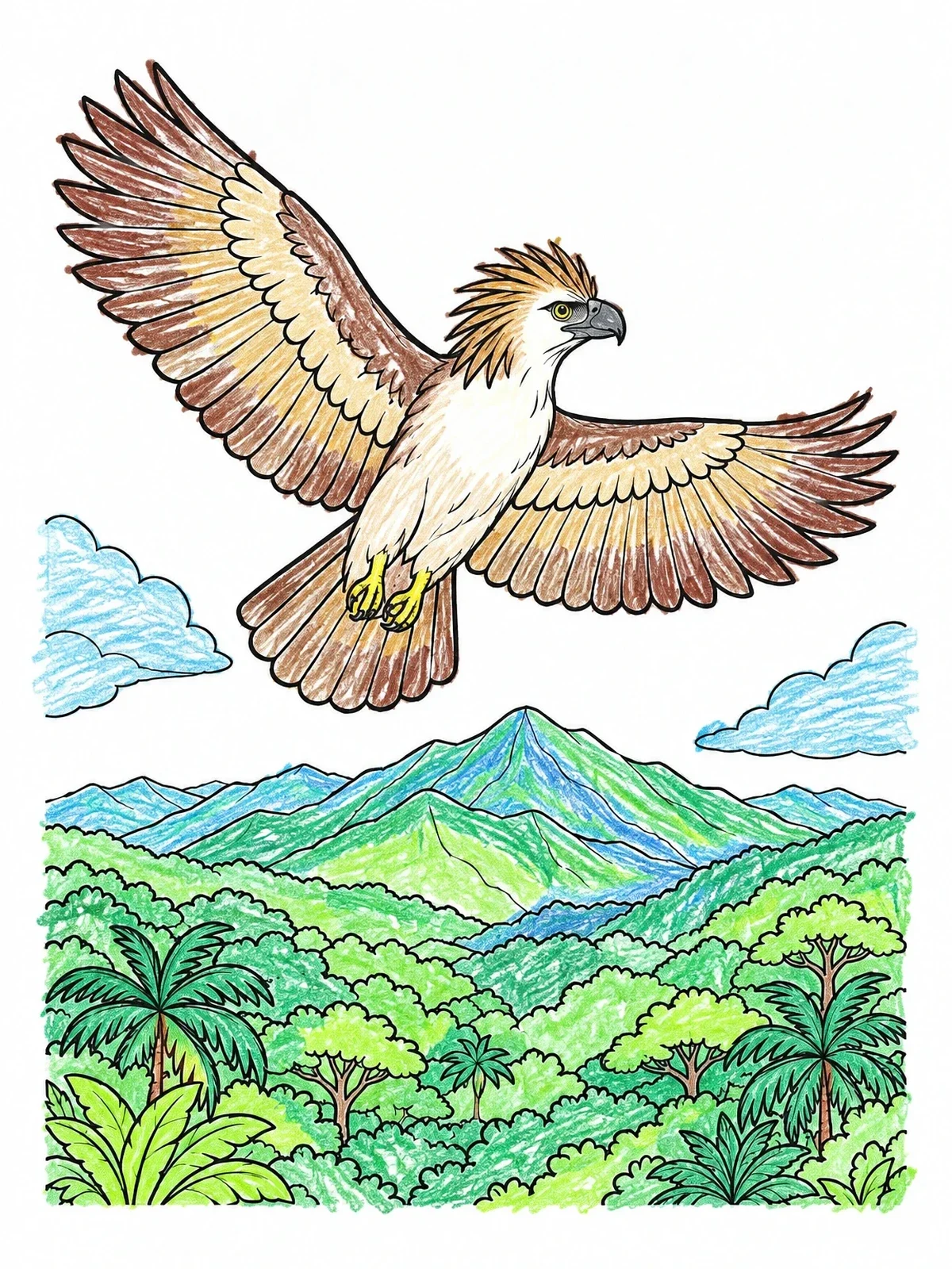 Colored example of the Philippine Eagle Soaring Over Mountains coloring page