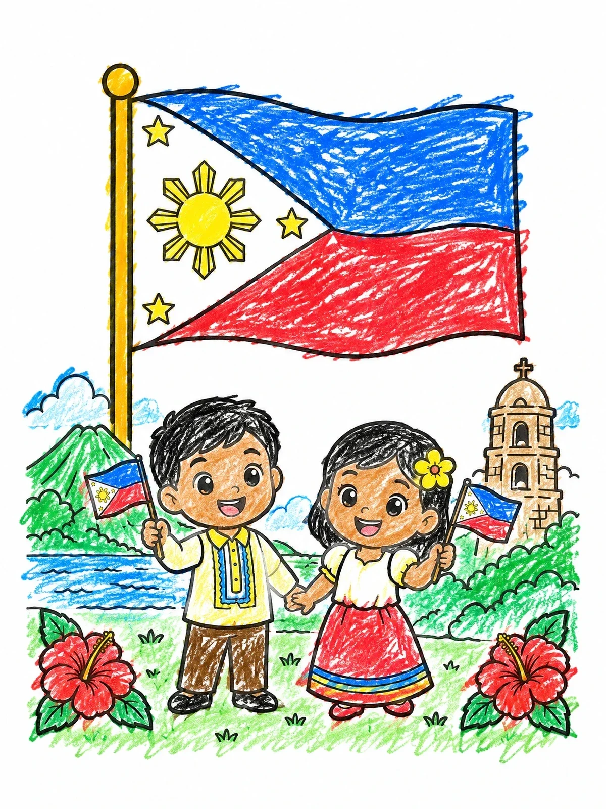 Colored example of the Filipino Children With National Flag coloring page