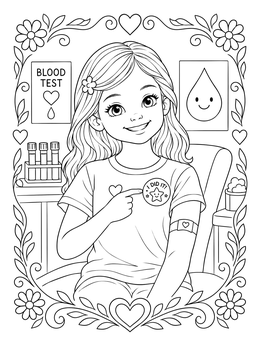 A smiling young girl points to her reward sticker in this phlebotomy coloring page.