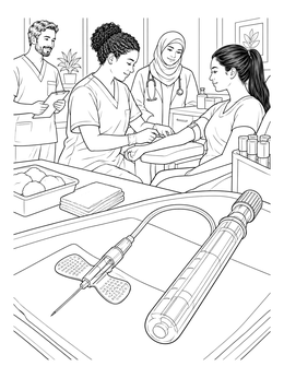 A detailed phlebotomy coloring page featuring a butterfly needle set in the foreground and nurses assisting a patient.