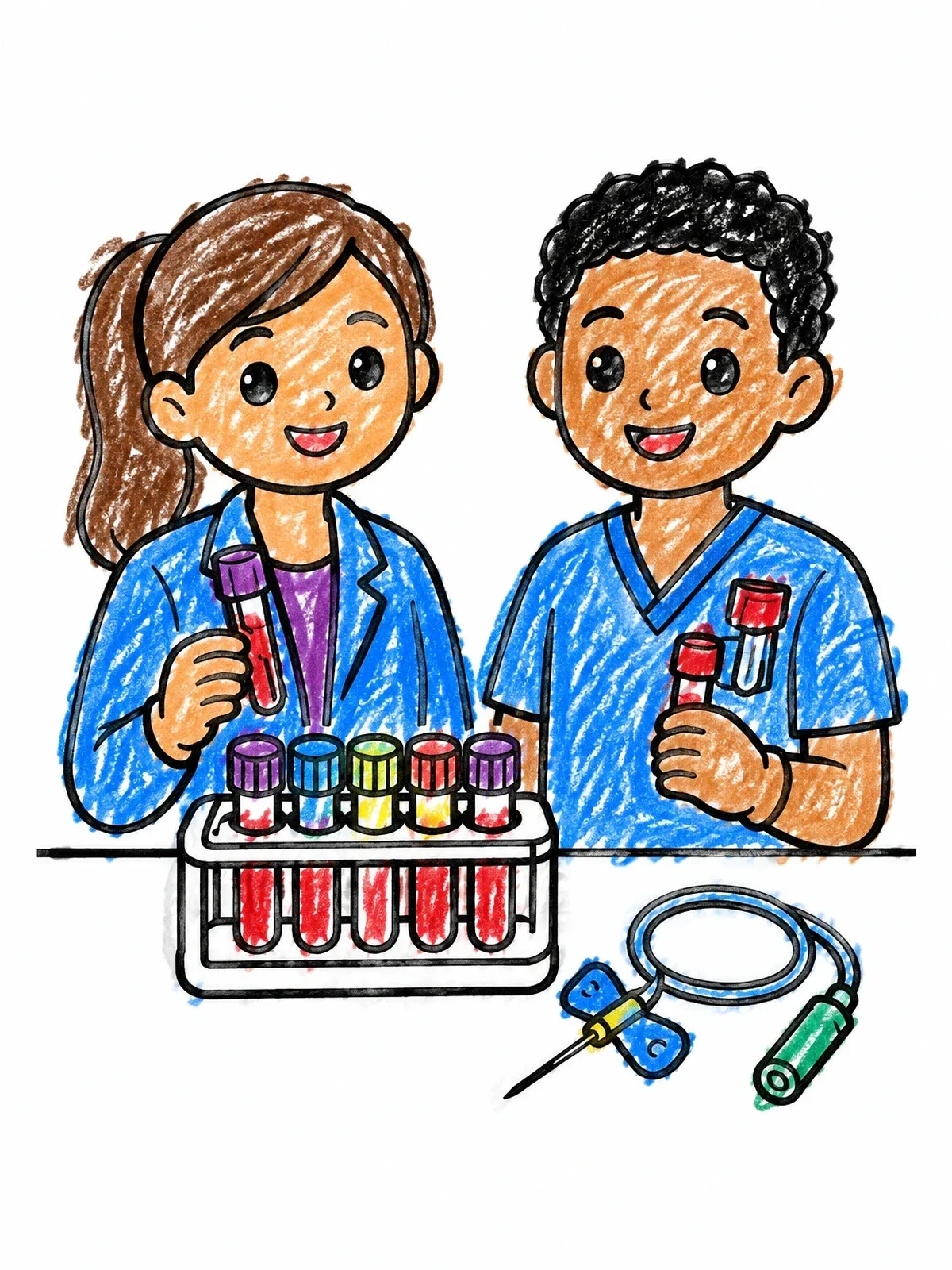Colored example of the Friendly Phlebotomists With Test Tubes coloring page