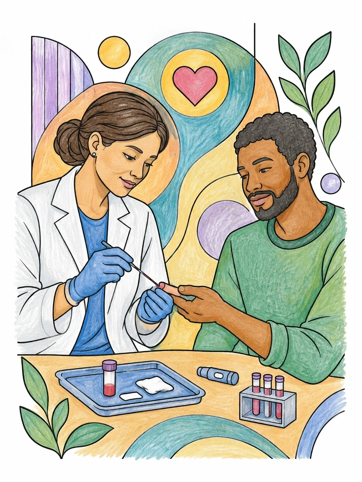 Colored example of the Gentle Finger Prick Blood Test coloring page