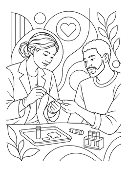 A phlebotomy coloring page showing a technician taking a finger-prick sample from a patient.