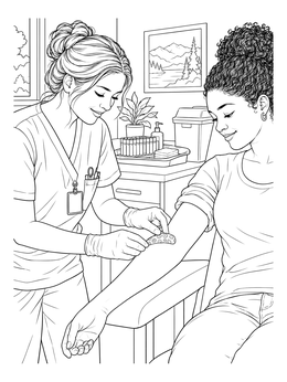 A phlebotomy coloring page showing a nurse placing a floral bandage on a patient's arm.