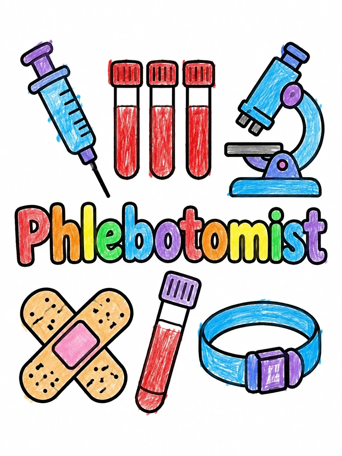 Colored example of the Phlebotomist Tools And Word Art coloring page