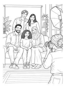 A photographer coloring page showing a family posing on a couch during an indoor portrait session.
