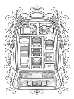 An open camera backpack with lenses and bodies on this photographer coloring page.