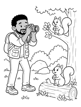 Free printable Photographer Taking Pictures Of Forest Squirrels coloring page