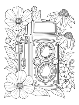 A vintage twin lens reflex camera in this photographer coloring page surrounded by blooming flowers.