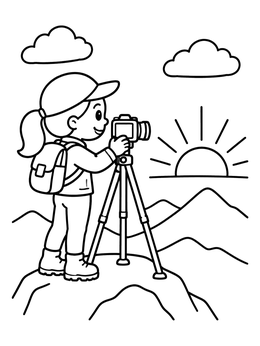 Free printable Young Hiker Photographing Mountain Sunrise coloring page