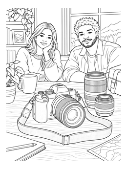 A smiling couple sits behind camera gear in this photographer coloring page.