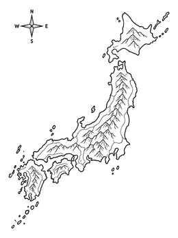 Outlined japan coloring page featuring a physical relief map with mountain ranges and a compass rose.