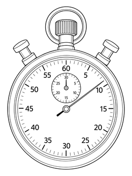 A detailed physics coloring page featuring a mechanical laboratory stopwatch.