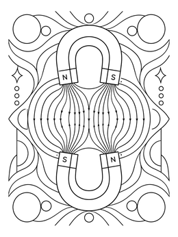 Two horseshoe magnets showing curved magnetic field lines on this physics coloring page.