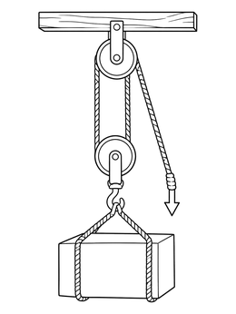 A mechanical block and tackle pulley lifting a load in this physics coloring page.