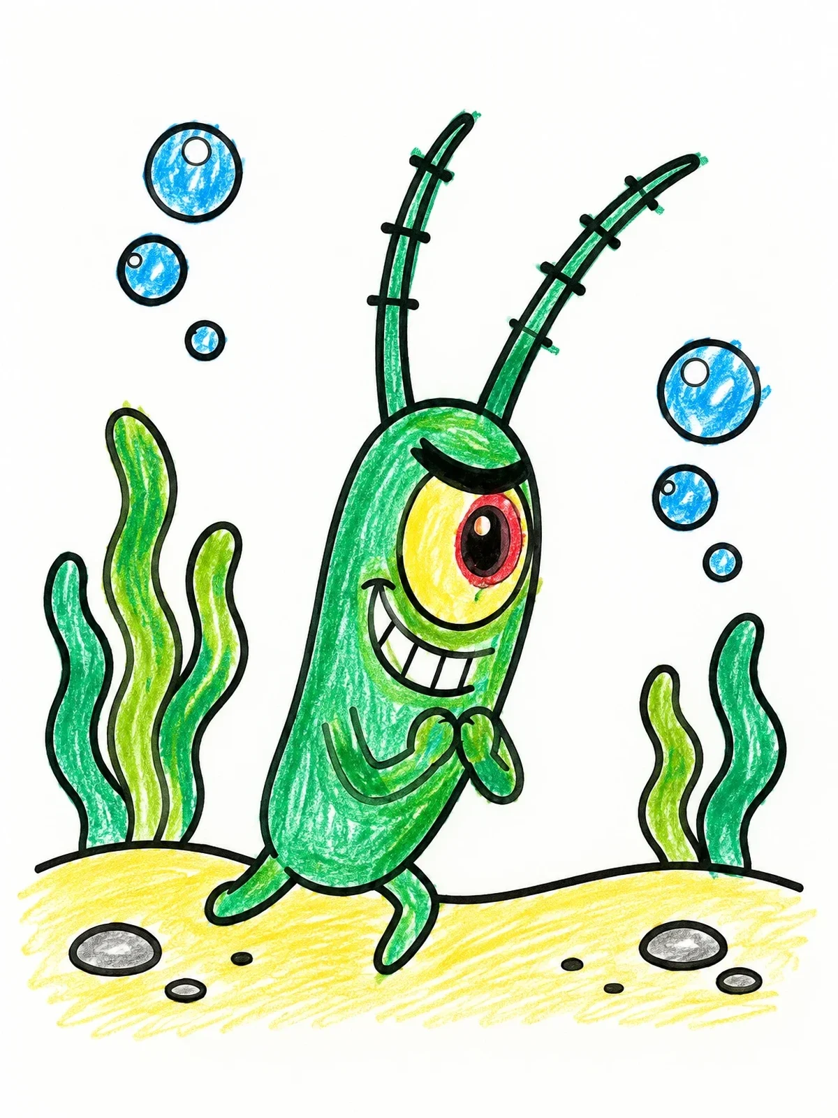 Colored example of the Mischievous Plankton Underwater coloring page