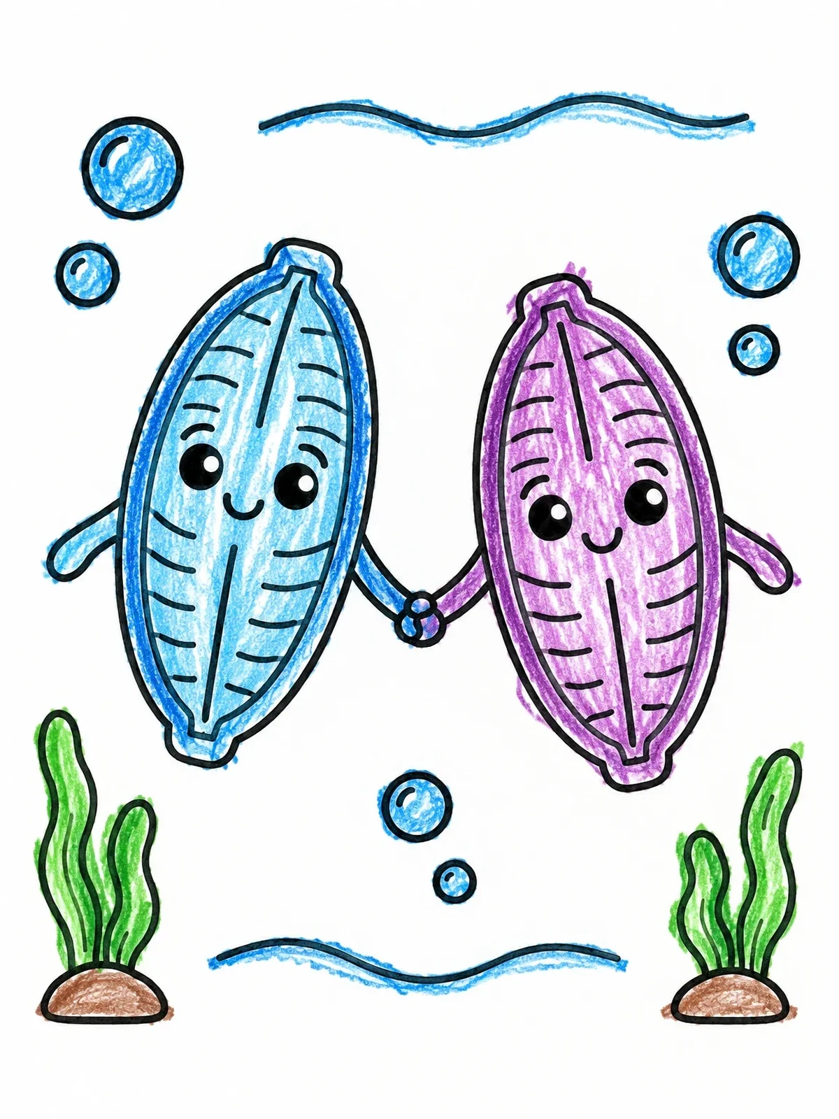 Colored example of the Cute Diatom Friends Holding Hands coloring page