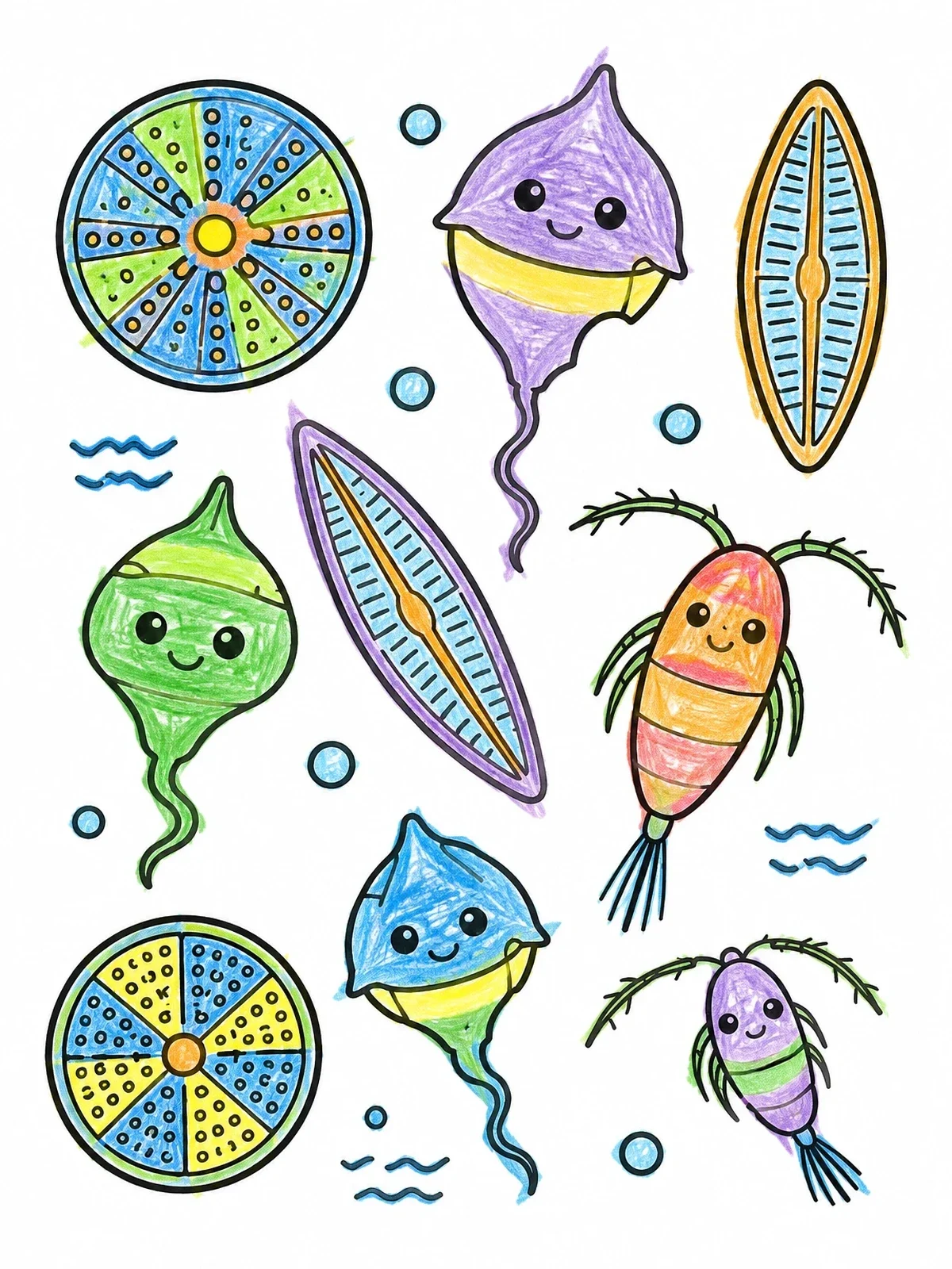 Colored example of the Cute Microscopic Plankton And Diatoms coloring page